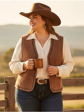 Outbrook Suede Leather Vest, Sz. L, Spice Brown, Embroidered Front Edge